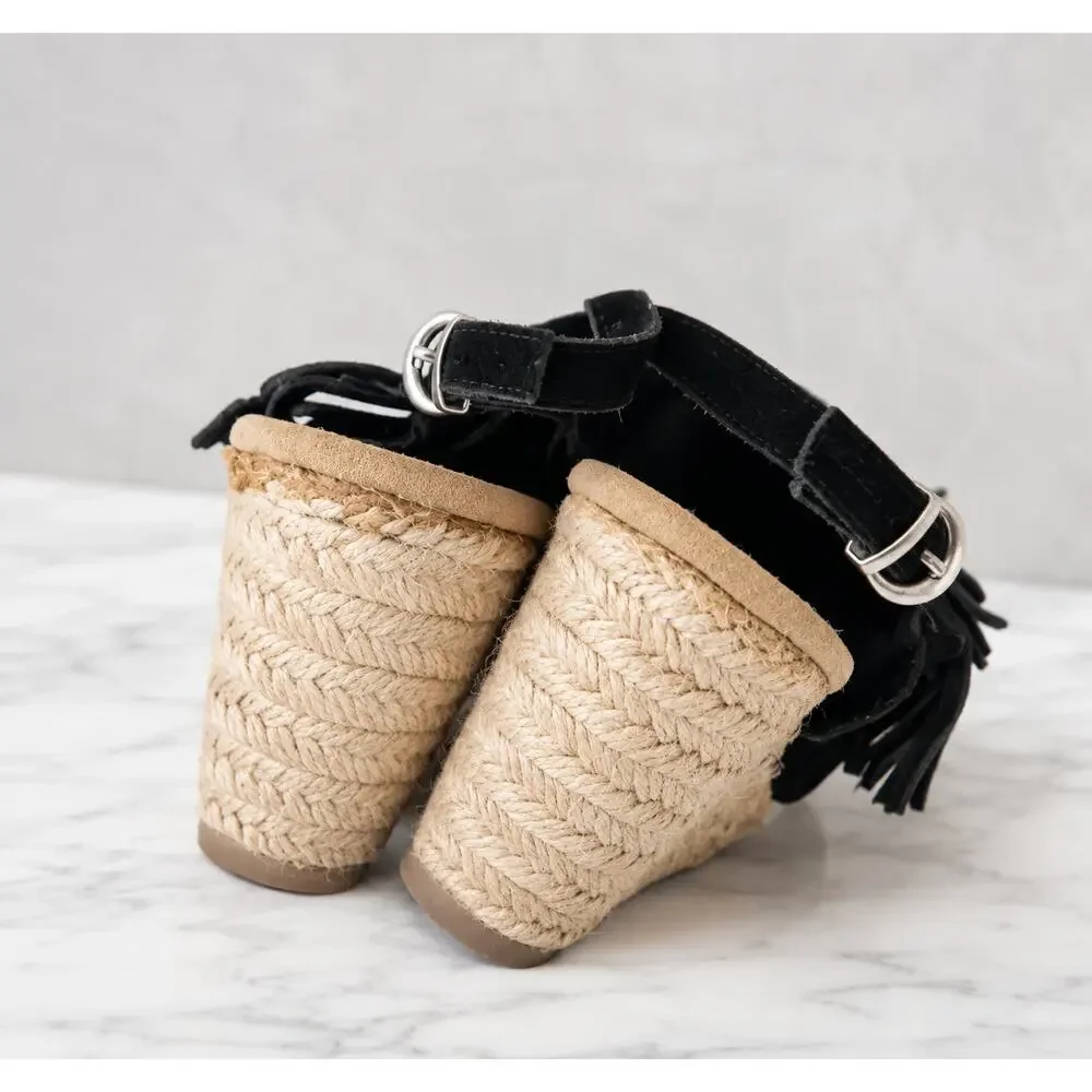 Minnetonka Ashley Fringe Espadrille Wedge Sandals Black Leather Sz 9